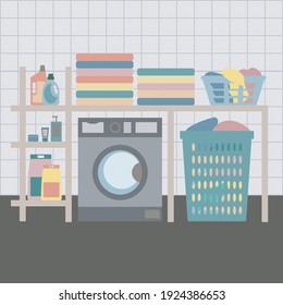 Small laundry room interior storage. Flat vector illustration