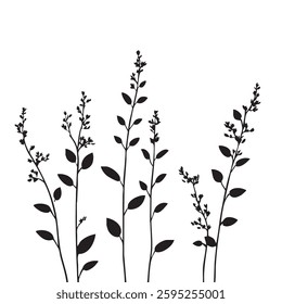 Small leaf plant silhouette pattern wallpaper. Black and white. minimal artwork. simple template. tattoo design. card and package. Vector illustration.