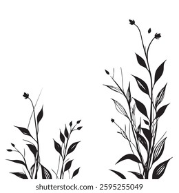 Small leaf plant silhouette pattern wallpaper. Black and white. minimal artwork. simple template. tattoo design. card and package. Vector illustration.
