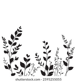 Small leaf plant silhouette pattern wallpaper. Black and white. minimal artwork. simple template. tattoo design. card and package. Vector illustration.