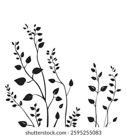 Small leaf plant silhouette pattern wallpaper. Black and white. minimal artwork. simple template. tattoo design. card and package. Vector illustration.