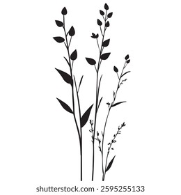 Small leaf plant silhouette pattern wallpaper. Black and white. minimal artwork. simple template. tattoo design. card and package. Vector illustration.