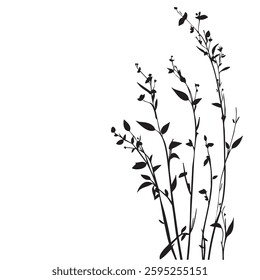 Small leaf plant silhouette pattern wallpaper. Black and white. minimal artwork. simple template. tattoo design. card and package. Vector illustration.