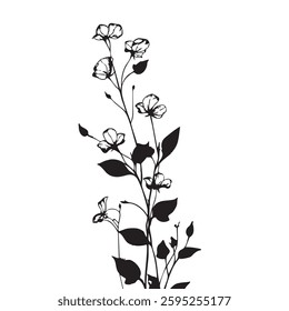 Small leaf plant silhouette pattern wallpaper. Black and white. minimal artwork. simple template. tattoo design. card and package. Vector illustration.