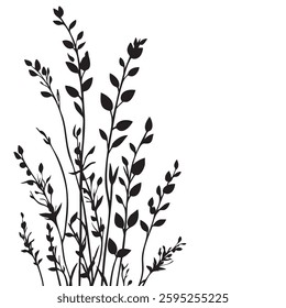 Small leaf plant silhouette pattern wallpaper. Black and white. minimal artwork. simple template. tattoo design. card and package. Vector illustration.