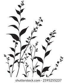 Small leaf plant silhouette pattern wallpaper. Black and white. minimal artwork. simple template. tattoo design. card and package. Vector illustration.