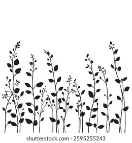 Small leaf plant silhouette pattern wallpaper. Black and white. minimal artwork. simple template. tattoo design. card and package. Vector illustration.