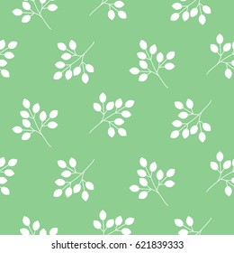 Small leaves seamless vector pattern on green background. Nature leaf background.