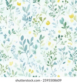 Small leaves and vines, in a pastel green, blue, and yellow color palette, on a white background, watercolor flower seamless pattern. Watercolor print in rustic vintage style, textile or wallpapers.