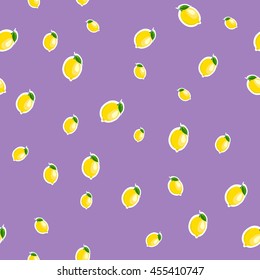 Small lemon different sizes sticker purple background. Pattern with lemon and leaves.
