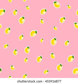 Small lemon different sizes sticker pink background. Pattern with lemon and leaves.