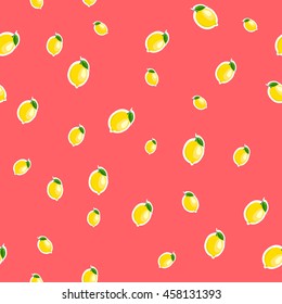 Small lemon different sizes sticker red background. Pattern with lemon and leaves.