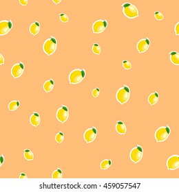 Small lemon different sizes sticker orange background. Pattern with lemon and leaves.