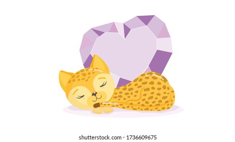 A small leopard with a heart-shaped crystal. Vector drawing.