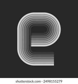 Small letter e lower case initial monogram 3d logo, layered monochrome gradient, parallel stripes pattern, bold ribbons curves shapes, striped paper cut style multilayer logotype.