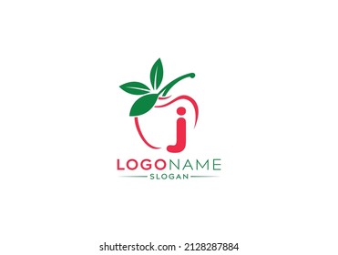 Small Letter j logo in fresh apple with green leaves, letter j logo and natural fruit apple vector shape