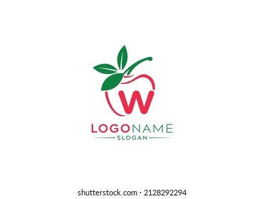 Small Letter w logo in fresh apple with green leaves, letter w logo and natural fruit apple vector shape