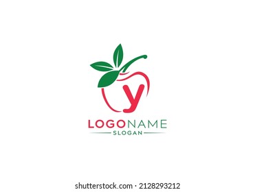 Small Letter y logo in fresh apple with green leaves, letter y logo and natural fruit apple vector shape