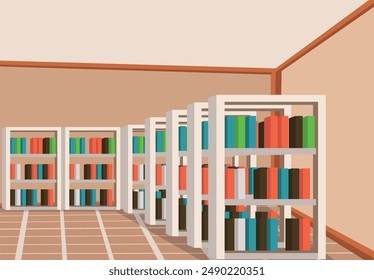 A small library has several bookshelves arranged in a row