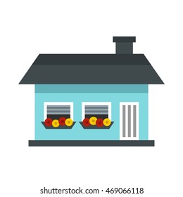 Small light blue cottage icon in flat style on a white background