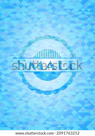 Small light blue emblem with mosaic ecological style background. 