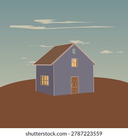 A small light blue house with a gable roof on a brown hill against a blue sky. Flat style vector illustration of a rural landscape. Perfect for your designs in a cartoon style.