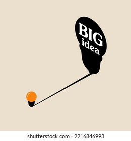 Small Light Bulb With Big Shadow. Think Big Motivational Creative Idea Concept. Silhouette Lamp. Vector Illustration For Template, Banner, Poster, And Background.