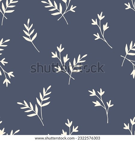 Small light twigs on a dark blue background. Simple floral vector seamless pattern. For fabric prints, textile products, men's shirts, clothes.