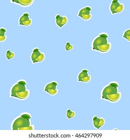 Small lime different sizes sticker blue background. Pattern with lime and leaves and slices.