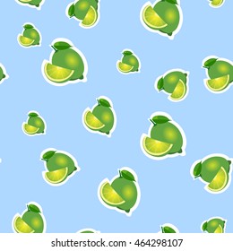 Small lime different sizes sticker blue background. Pattern with lime and leaves and slices.