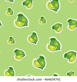 Small lime different sizes sticker lime background. Pattern with lime and leaves and slices.