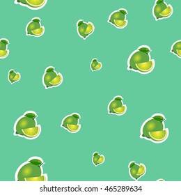 Small lime different sizes sticker turquoise background. Pattern with lime and leaves and slices.