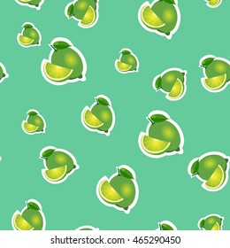 Small lime different sizes sticker turquoise background. Pattern with lime and leaves and slices.