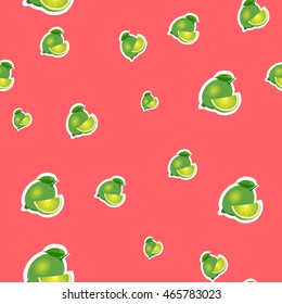 Small lime different sizes sticker red background. Pattern with lime and leaves and slices.