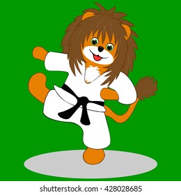 a small lion in a kimono which is engaged in karate