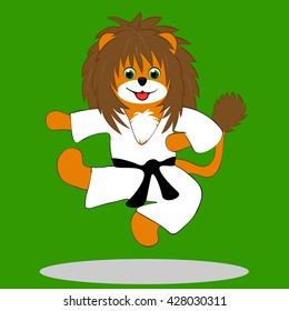 a small lion in a kimono which is engaged in karate