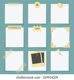 Small little attached blank paper notes on teal background - with tapes, stickers, pins, paper clip, and photo corners