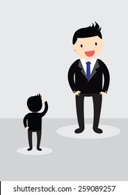 A small little businessman is looking up at a large big boss.