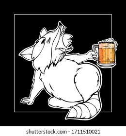 Small little crafty raccoon with big beer glass. Wily colored funny animal character for print. Illustration for coloring book or post card. Craft brew coon. Alcohol booze   