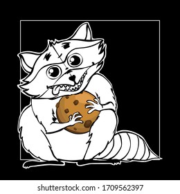 Small little crafty racoon with big cookie. Wily outline animal character for print. Illustration for coloring book or post card. Greed coon.  