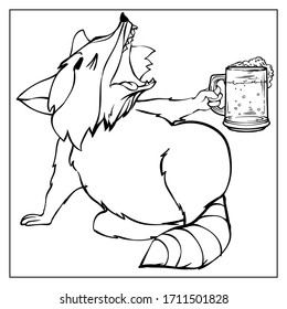 Small little crafty racoon with big beer glass. Wily outline animal character for print. Illustration for coloring book or post card. Drunk lazy coon.  