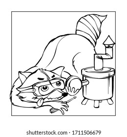 Small little crafty racoon with iron stove. Wily outline animal character for print. Illustration for coloring book or post card. Engineer coon.  