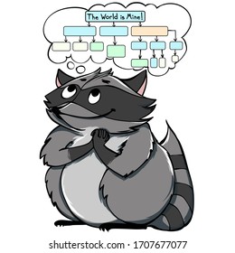 Small little dreaming crafty racoon. Wily outline animal character for print. Illustration for coloring book or post card. Sly mischievous coon.  