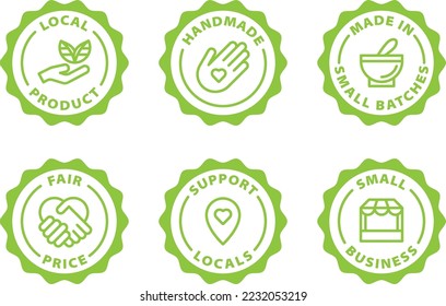 small local business icon set, green stamps, icons. Symbol, outline icon, tag, badge, label, circle, green white vector round isolated on transparent background.