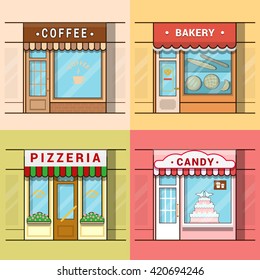 Pequeños negocios locales escaparate tienda de escaparate café panadería pizza pizzería dulces pastelería set de pastelería. Iconos vectoriales de estilo plano con contorno multicolor lineal. Colección de iconos de color.