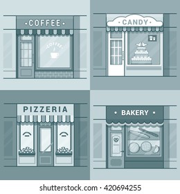 Small local business showcase storefront shop window cafe coffee bakery pizza pizzeria candy confectionery set. Linear stroke outline flat style vector icons. Monochrome icon collection.