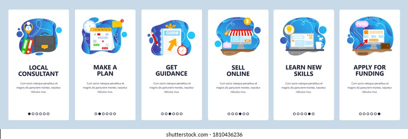 Small local business support. Planning, learning, getting consultation, funding. Mobile app onboarding screens. Vector banner template for website and mobile development. Web site design illustration.