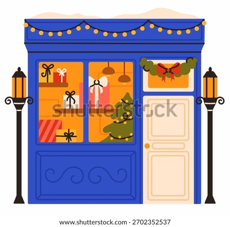 Small local Christmas shop. Christmas tree, gifts, garland.