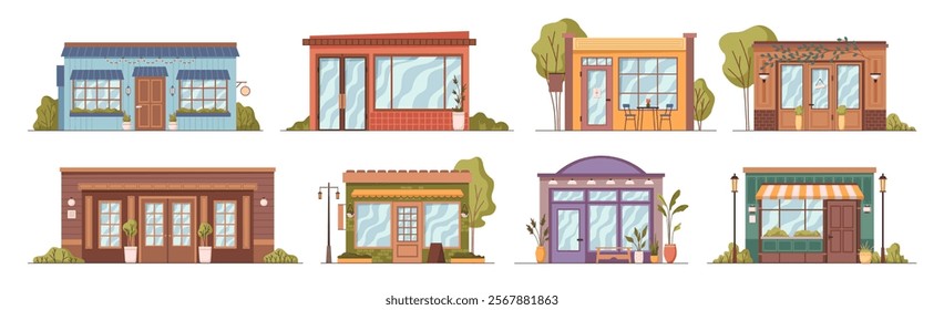 Small local markets or business shops building exterior. Vector isolated set of facades of stores. Workshops with entrance, panoramic windows and greenery. Isolated construction of brick and wood