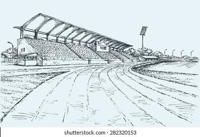 Small local modern village empty ballpark with spotlight, fan bleacher and canopy roof of sun or rain. Vector freehand ink drawn sketch in art doodle style. Panoramic view with space for text on sky